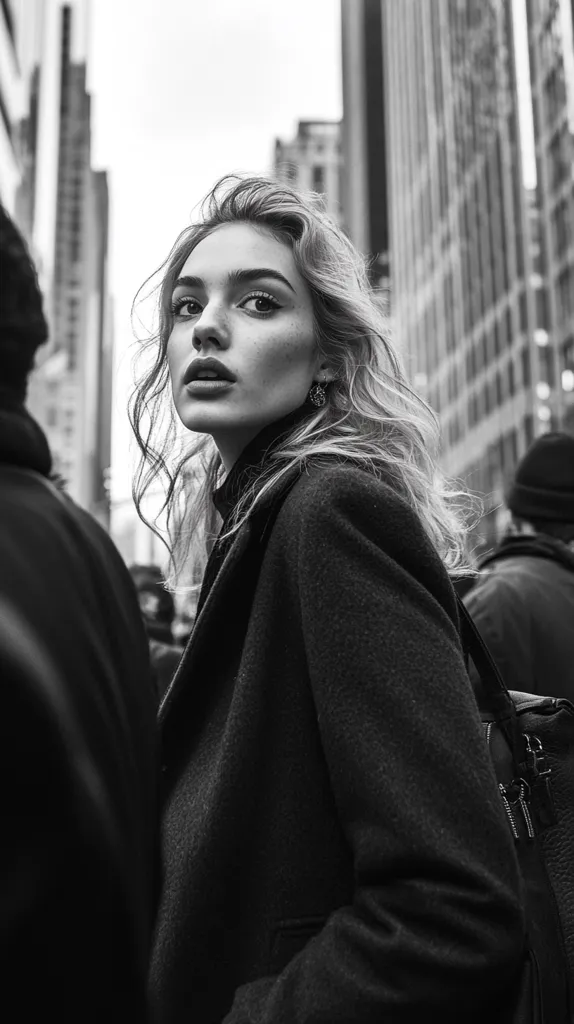A young woman with long blonde hair is walking down a city street, her face is partially obscured by her dark coat. The city is in the background, with tall buildings on either side of the street. The image is in black and white, and the lighting is moody. The woman is wearing a dark coat, and she has a small purse strapped over her shoulder. The photo gives a sense of solitude and quiet introspection, emphasizing the contrast between the bustling city life and the calmness of the subject.