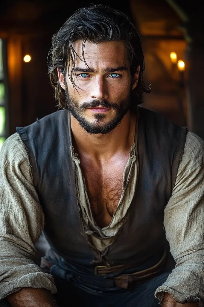 A ruggedly handsome man with long dark hair and a full beard stares intensely at the camera. He has piercing blue eyes and a strong jawline.  He wears a simple,  open-necked  shirt and a dark vest, revealing his bare chest. The lighting is dramatic, highlighting his features. The image evokes a sense of mystery and adventure.