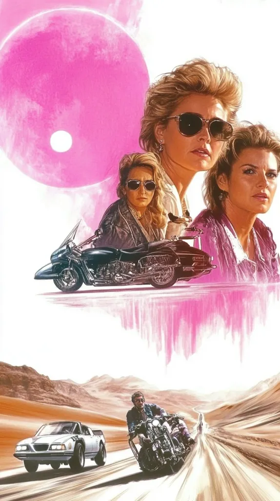 The image features three women in sunglasses and leather jackets, two of whom are riding a motorcycle in a desert setting. The motorcycle is black with chrome accents and a sidecar. A large pink circle is in the background, and a man in a leather jacket rides a motorcycle in the foreground. The scene evokes a sense of adventure and freedom.
