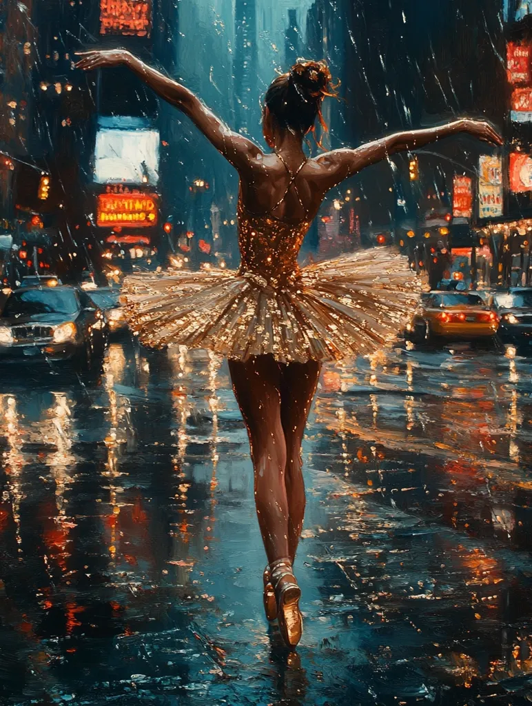 A ballerina, dressed in a gold-sequined tutu, dances in the rain on a city street. The city lights reflect on the wet pavement, creating a shimmering pool of light. The ballerina's arms are outstretched, her face is hidden from view, and she is walking with grace and elegance. The image is painted in a realistic style, with a painterly texture and a sense of movement.