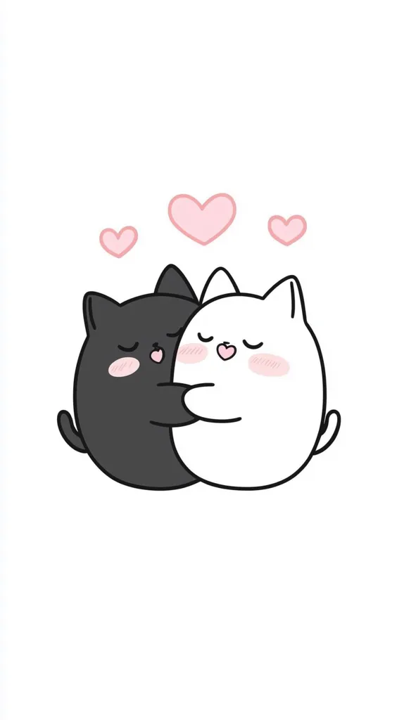 The image depicts two cartoon cats, one black and one white, hugging each other with hearts floating above them. They have big, round eyes and blush on their cheeks, suggesting affection and love. The simple yet cute design creates a heartwarming and romantic feeling.