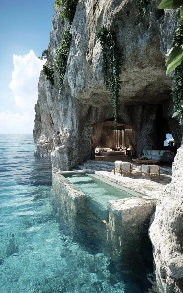 A luxurious, open-air living space carved into a cliffside cave. The infinity pool seamlessly blends with the turquoise ocean, creating a breathtaking view. Stone walls and a few pieces of minimalist furniture create a serene atmosphere. Green vines add a touch of nature, highlighting the contrast between the rugged cliff and the tranquil water. The image evokes a sense of peace and exclusivity, perfect for a secluded getaway.