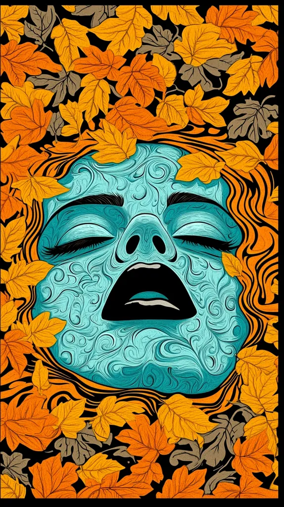 The image depicts a stylized, abstract face with closed eyes, a slightly parted mouth, and a swirling, turquoise pattern covering the skin. The face is surrounded by a bed of vibrant orange and yellow autumn leaves, creating a striking contrast and suggesting a sense of nature and transformation. The artwork has a whimsical and surreal quality, evoking feelings of both beauty and mystery.