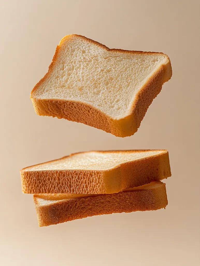 Two slices of toasted bread are floating in the air against a light brown background. The top slice is angled and appears to be falling, while the bottom two slices are stacked horizontally. The bread is a light golden brown and has a slightly crispy texture. The edges are slightly darker than the center, indicating that the bread has been toasted.  The image is simple and minimalist, focusing on the texture and color of the toasted bread.