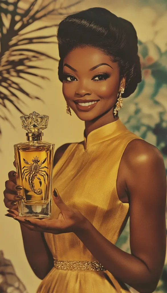 A glamorous woman with dark skin and perfectly coiffed hair,  is adorned in a golden yellow sleeveless dress cinched with a delicate beaded belt. She holds a glass bottle of perfume with a scorpion design, her manicured nails adding a touch of elegance. Her wide smile and sparkling earrings complete the picture of sophisticated beauty. The image evokes a sense of vintage glamour and femininity.