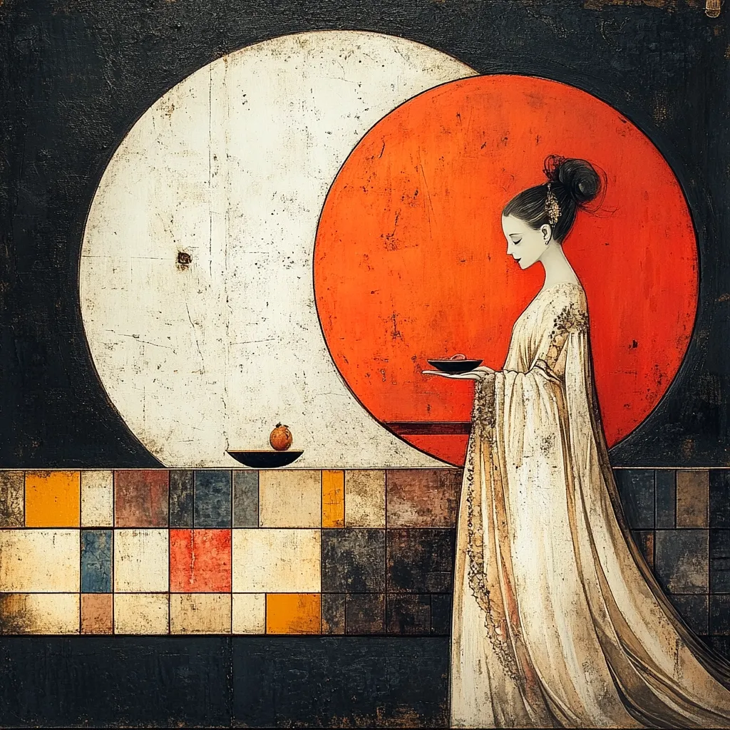 A woman in a white dress stands in front of a red and white circular background.  She holds a bowl in her left hand.  There is a small red object on a shelf below her, and a tiled wall behind her.  The painting is minimalist and abstract, with a muted color palette.  The woman's face is turned slightly away from the viewer, creating a sense of mystery.  The overall effect is serene and contemplative.