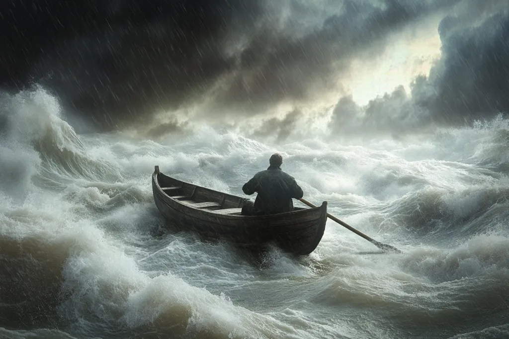 A lone figure rows a small boat through a raging sea.  The waves are large and white-capped, and the sky is dark and stormy.  Rain falls from the sky, making the scene even more dramatic.  The figure seems small and insignificant in the face of the powerful forces of nature.  The image suggests a sense of struggle and perseverance in the face of adversity.