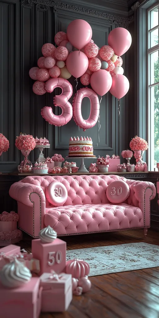 A luxurious pink sofa sits in a room decorated for a 30th birthday. Pink balloons and a pink cake are arranged on a table in front of a large window. The sofa is upholstered in a soft pink fabric and has a tufted design. The room is decorated in a classic style, with dark wood paneling and white trim. The overall aesthetic is elegant and celebratory.