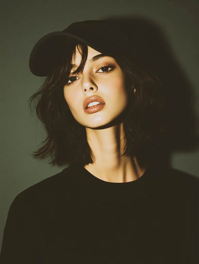 A young woman with short, dark hair and a black cap gazes directly at the camera.  Her face is illuminated, highlighting her delicate features and full lips. She wears a black t-shirt and the background is a dark, muted green. Her expression is neutral, creating an air of mystery.  The lighting casts soft shadows around her, adding to the image's moody ambiance.
