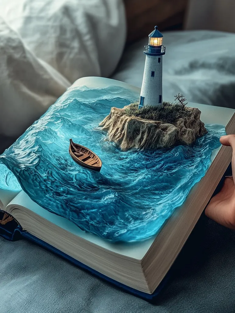 An open book lies on a blue surface, its pages filled with a miniature seascape.  A small boat floats on turquoise waves, with a miniature lighthouse shining brightly atop a rocky island. The image creates a surreal and whimsical effect, blurring the lines between reality and imagination.  The scene captures a sense of adventure and wonder, inviting the viewer to explore the world within the book.