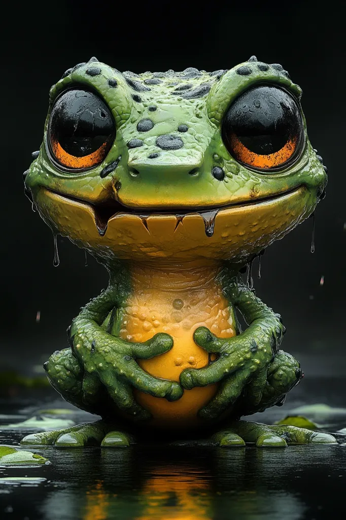 A cartoon frog with large, expressive eyes and a wide, toothy grin sits in a puddle of water. It's green and yellow, with a textured skin and large, webbed feet. The frog's hands are clasped around a round object, and water droplets cascade from its chin. The background is dark and out of focus, highlighting the frog's playful and cheerful demeanor.