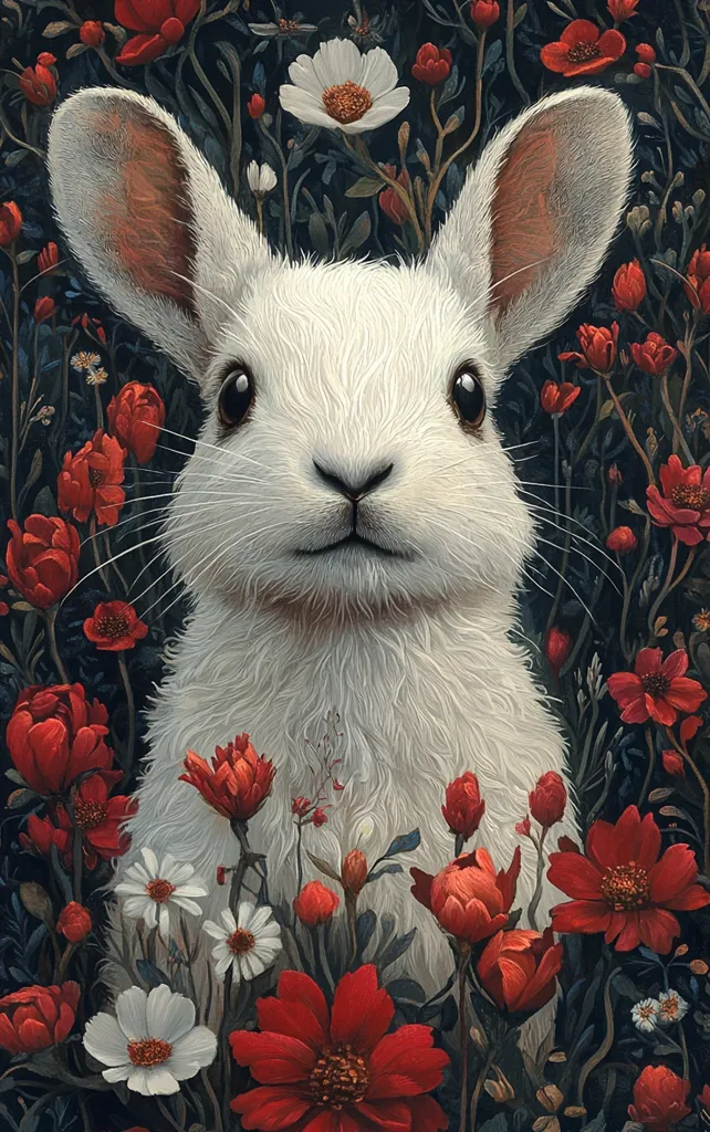 A white rabbit with big ears and large, dark eyes sits in a field of red and white flowers. The rabbit's fur is soft and fluffy, and its eyes are looking directly at the viewer. The flowers are in bloom, and the leaves are green and lush. The background is a dark, forest-like setting. The overall feeling of the image is one of peace and tranquility.