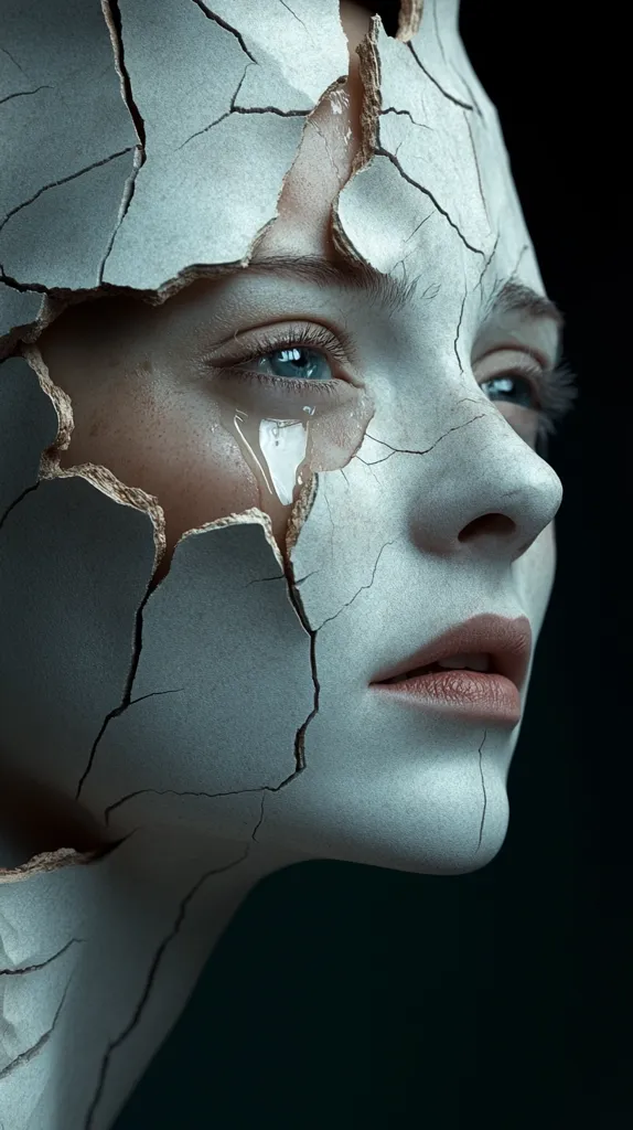 A woman's face is covered in cracks, as if made of brittle porcelain. Her right eye is open, revealing a tear running down her cheek. The dark background and the cracked surface create a sense of fragility and vulnerability. The image suggests a state of emotional distress or physical deterioration.