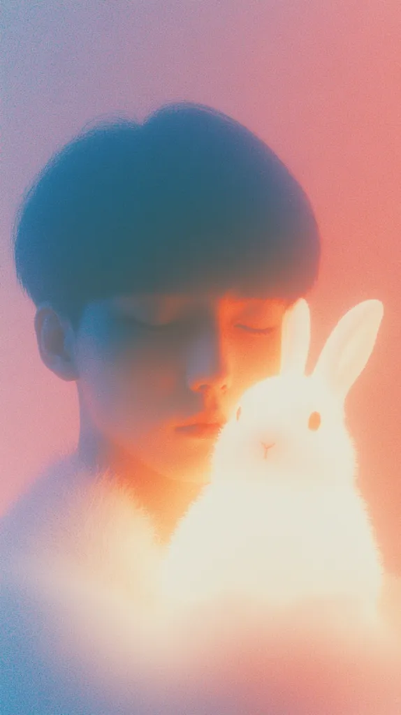 A young person with short dark hair is holding a white rabbit.  The person has their eyes closed and is looking down at the rabbit. The background is a soft pink and orange gradient. The image is blurred and hazy, giving it a dreamy quality. The colors are soft and warm. The image is lit with warm light. The lighting is soft and warm, and the overall mood is peaceful and serene.  The image is a study in soft focus and pastel colors, creating a dreamlike and ethereal atmosphere.