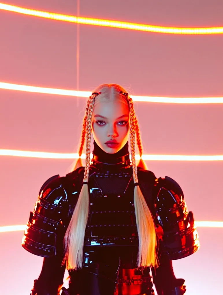 A young woman with long, blonde braids, wearing black samurai armor, stands in front of a background of bright orange neon lines. She stares directly at the camera with a serious expression, her pale skin contrasting sharply with the dark armor. The lighting casts a dramatic, almost otherworldly glow on her face and the armor, creating a powerful and futuristic aesthetic.