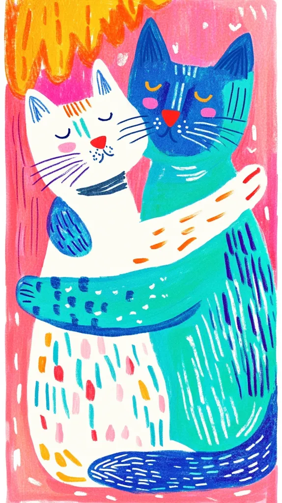The illustration depicts two cats embracing on a pink background with yellow, orange, and blue accents. One cat is white with orange and blue stripes, while the other is blue with a green and blue striped body. The cats are drawn in a cartoon style with exaggerated features and whimsical markings. Their tails are intertwined, symbolizing their close bond. The image exudes a sense of affection and warmth.