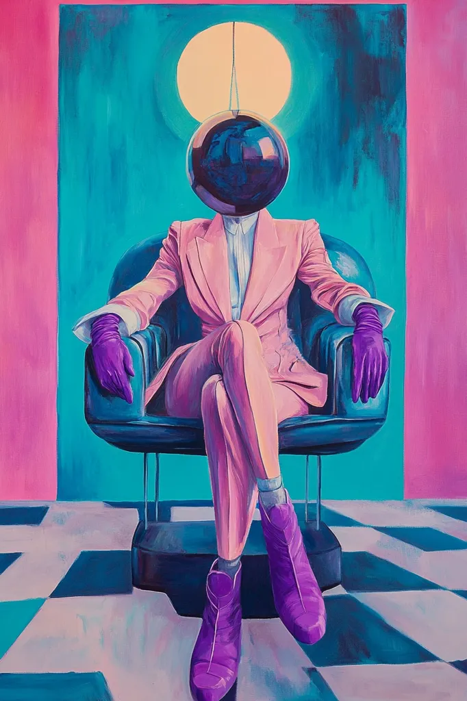The painting depicts a figure with a large, black, sphere-shaped head, wearing a pink suit and purple gloves. The figure is seated in a black chair with chrome legs, against a backdrop of turquoise and pink walls. A round, yellow light hangs above the figure, casting a warm glow. The figure's legs are crossed, and their posture suggests confidence and composure. The painting's vibrant colors and surreal imagery create a striking and enigmatic atmosphere.