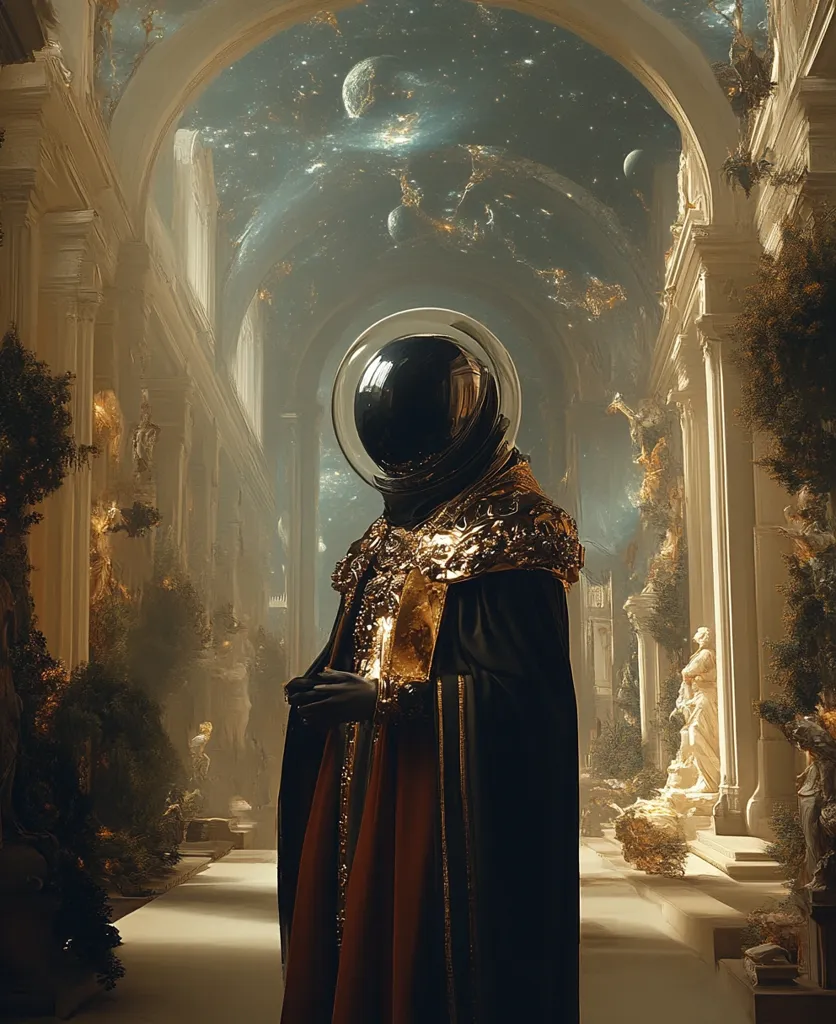 A figure in a black robe and golden trim stands in a grand, ornate hall. The figure wears a large, black helmet that obscures their face. The hall is adorned with white columns and arches, and the ceiling is painted with a swirling nebula. The figure appears to be standing in a contemplative pose, looking out at the vastness of space.