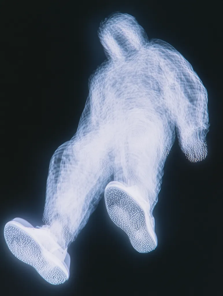 A translucent, ghostly figure, rendered in a white, pixelated form, floats against a black background.  The figure's legs are visible, one of which is bent, suggesting a walking motion.  The shoes are more solid, and the figure seems to fade away as it reaches the shoulders and head.  The overall effect is otherworldly and ethereal.