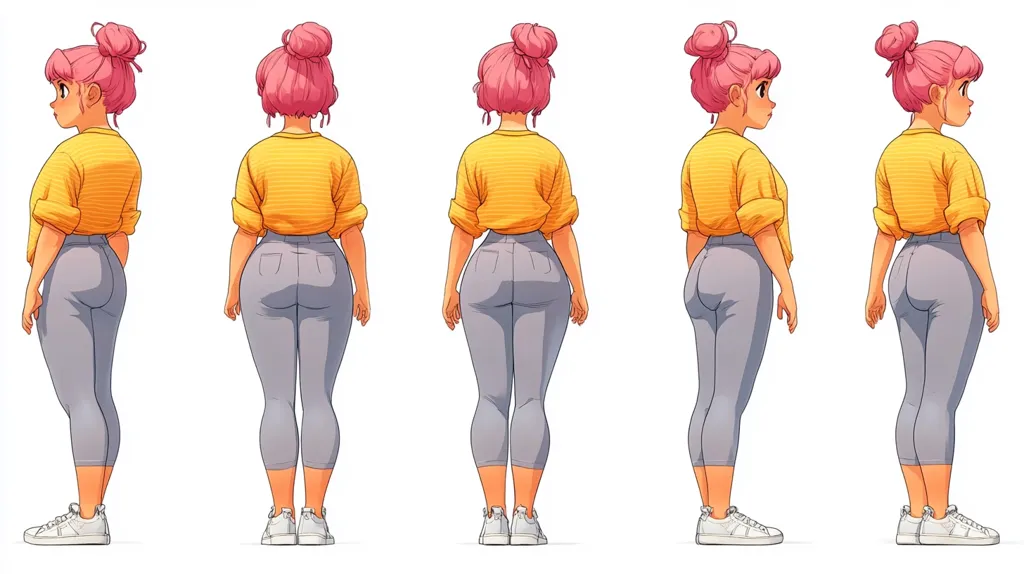 The image shows a cartoon illustration of a woman with pink hair and a yellow sweater, standing in various poses. The woman is wearing grey jeans and white sneakers. The image is a character design sheet showcasing the woman from different angles. The image is drawn in a cartoon style with bright colors.