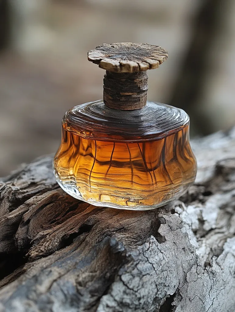 A glass bottle of amber liquid with a unique cork stopper made from wood sits on a weathered piece of tree bark. The bottle has a rounded, bulbous shape with intricate patterns etched into the glass. The light catches the liquid, creating a shimmering, golden effect. The bark shows signs of age and wear, adding a rustic touch to the composition.  The combination of natural elements evokes a sense of warmth and tranquility.