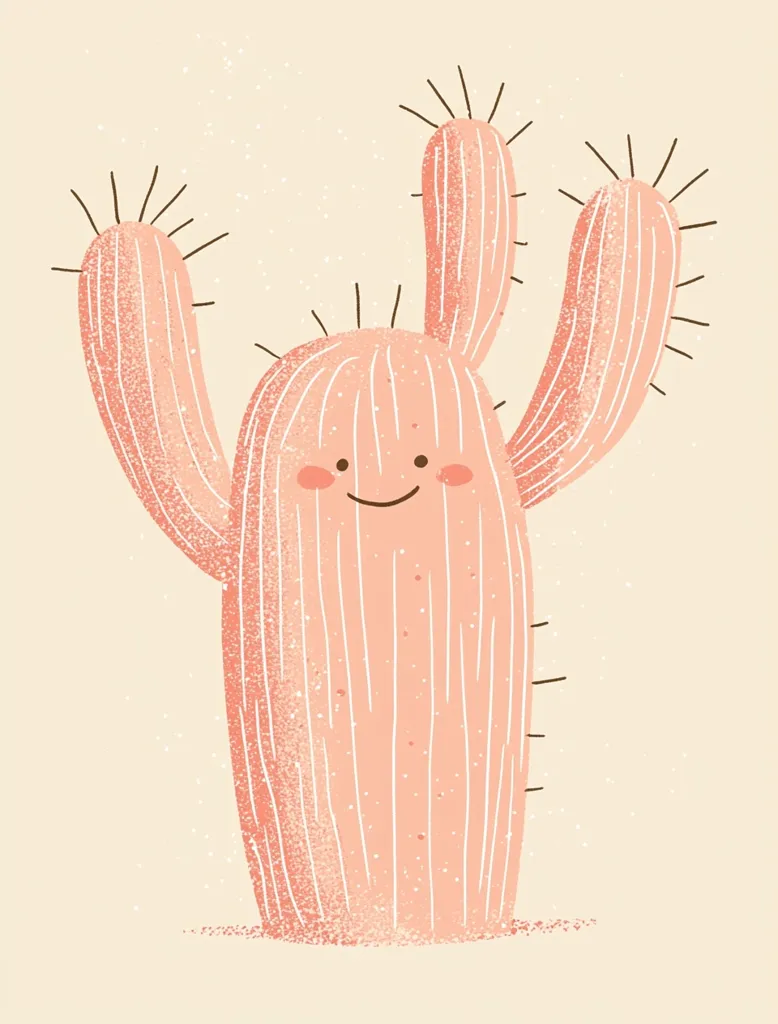 The image depicts a cartoon cactus with a smiling face. It has three arms with spikes, and its body is a light pink color with vertical lines. The cactus is drawn in a simple, whimsical style, with a textured surface and a light brown background. The image evokes feelings of joy and playfulness, with a touch of desert charm.