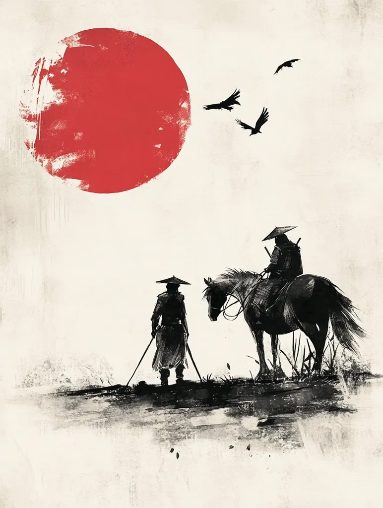 The image depicts a minimalist Japanese-inspired scene with a large red sun in the top left corner. Three black birds fly across the pale sky. Below, two figures, one on horseback and the other on foot, stand silhouetted against a brushstroke landscape. The image evokes a sense of solitude and the beauty of simplicity.