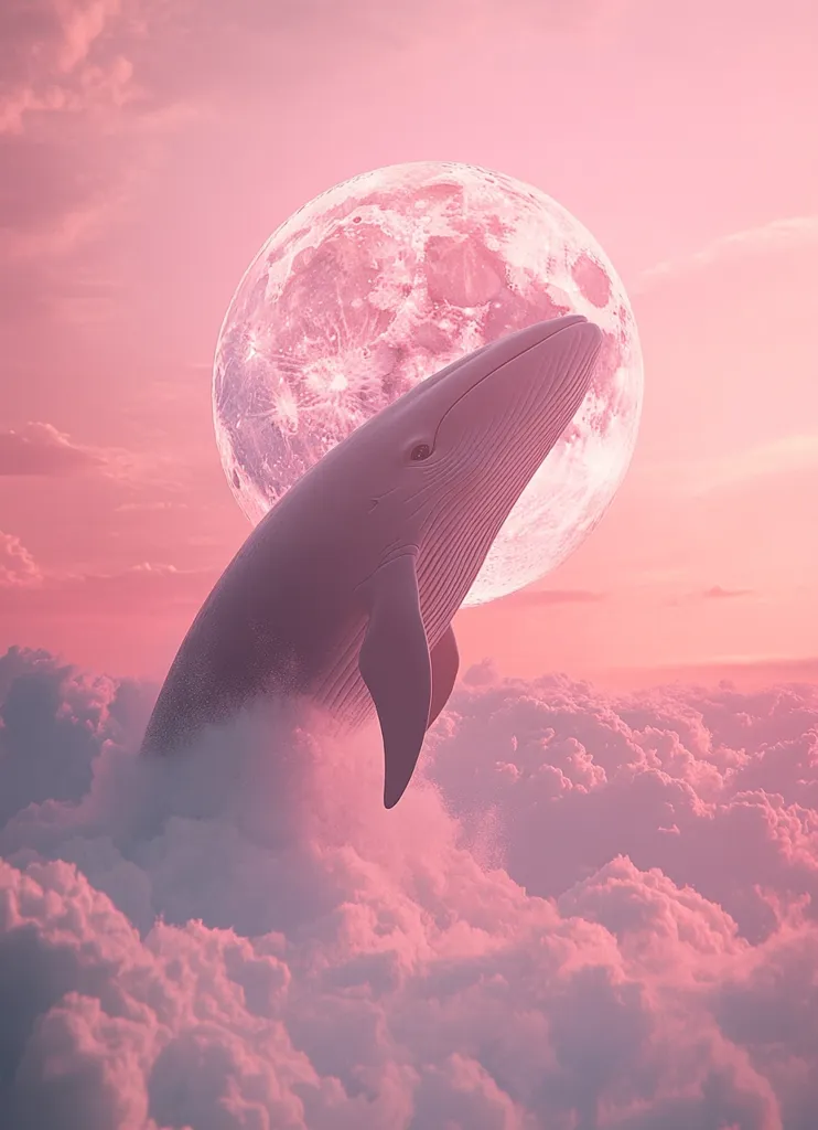 A large whale leaps out of the clouds, its head reaching towards a large, full moon in a pink sky. The clouds are fluffy and pink, creating a surreal and dreamy scene. The whale's body is silhouetted against the moon, emphasizing its size and strength. The image evokes a sense of wonder and the beauty of nature.