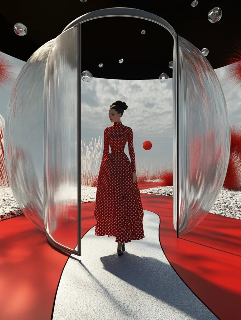A woman in a red polka dot dress walks through a glass archway. The archway is surrounded by a red carpet, leading to a white path.  There are transparent orbs floating above, as if in a surreal dreamscape. The background is a cloudy sky. The image has a sense of mystery and wonder.