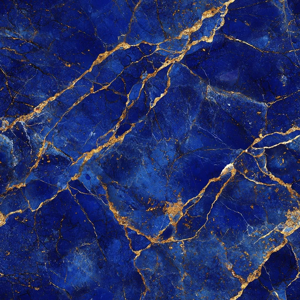 The image shows a close-up of a blue marble surface.  The marble is a deep, rich blue with a network of intricate gold veins running through it.  The veins are thin and delicate, creating a beautiful contrast against the deep blue background.  The surface is smooth and polished, reflecting light in a subtle shimmer.  The image evokes a sense of luxury and sophistication.
