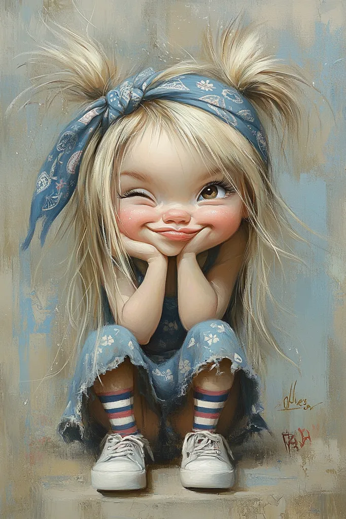 The painting depicts a young girl with blonde hair pulled back with a blue bandana. She is wearing a blue dress with floral designs and white sneakers with red and blue striped socks. She is sitting with her chin resting on her hands and one eye closed in a playful wink. The background is a soft blue and brown color. The girl's expression is playful and mischievous, suggesting a lighthearted and cheerful personality.  The painting's overall tone is warm and inviting.