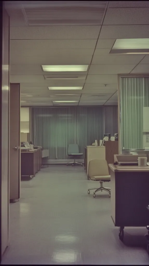 The image shows an empty office space with a large window and a door on the left. The office is sparsely furnished with a few desks and chairs. The floor is clean and the walls are painted in a neutral color. The lighting is bright and the overall atmosphere is sterile and professional.