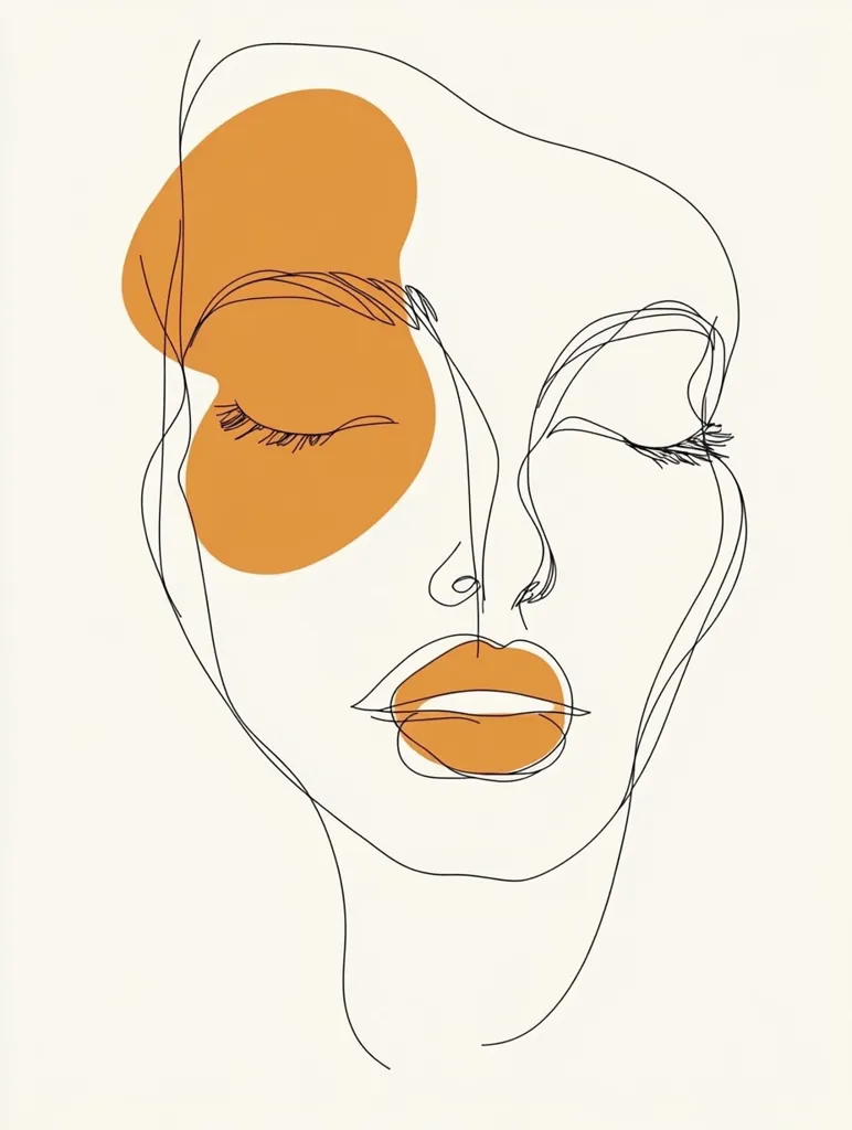 The image depicts a minimalist line drawing of a woman's face. Her eyes are closed, and her lips are full and slightly parted. The lines are simple and elegant, and the overall effect is one of peace and serenity. The artist has used a single color, orange, to highlight the woman's face. The color is bold and vibrant, adding a touch of warmth and energy to the image. The image is evocative and thought-provoking, leaving viewers to interpret the woman's expression and emotions. It's a simple yet beautiful piece of art, showcasing the power of line and color to convey emotion.