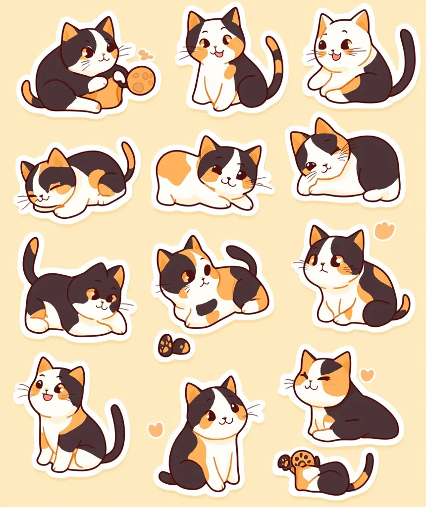 The image features 12 adorable cartoon calico cats in various poses.  They are all smiling and have big, round eyes. Some are sitting, some are lying down, and some are playing with toys. The background is a light orange color, and the cats are all outlined in white.  Each cat has a distinct personality, making them fun and engaging.  Hearts are scattered around the cats, adding to the whimsical feel.