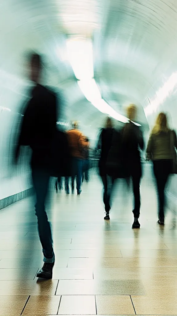 The image captures a group of people walking through a tunnel, their figures blurred by motion. The tunnel is brightly lit, creating a stark contrast with the darker figures.  The composition emphasizes the sense of movement, creating a feeling of anonymity and fleeting moments. The image evokes a sense of urban life in motion, where individuals are caught in the rhythm of a busy city.