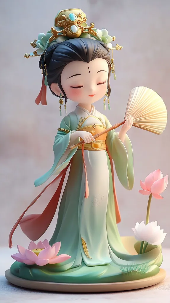 A delicate porcelain doll, adorned in a flowing green and pink robe, stands on a lotus leaf. Her eyes are closed in a serene expression, and she holds a white fan in her hand. The doll's intricate details, such as her elaborate hairpiece and jeweled earrings, create a sense of elegance and beauty.  The lotus flowers surrounding her add a touch of nature and tranquility to the scene.  The doll's posture and the delicate nature of the surrounding flowers suggest a sense of grace and peace.