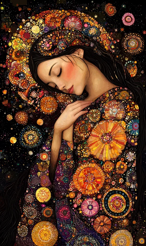 The image depicts a woman with long black hair asleep, her head resting on her hand. She is surrounded by a vibrant and intricate mosaic of colorful flowers, circles, and patterns. The background is a dark, starry night. The artwork is a surreal and dreamlike representation of beauty and the natural world.