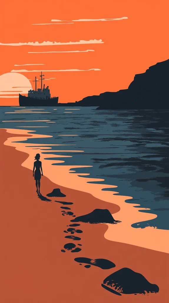 A lone woman walks along a sandy beach towards a large ship on the horizon.  The setting sun casts a warm orange glow across the sky and the sea.  The woman's footprints trail behind her, leaving a clear path in the sand. The image evokes a sense of solitude and contemplation, highlighting the vastness of the sea and the smallness of human existence.