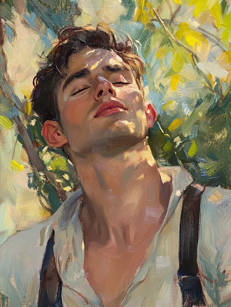 The painting depicts a young man with his eyes closed, basking in the warm sunlight filtering through the leaves of a tree. His face is illuminated with a golden glow, emphasizing his peaceful expression. He is dressed in a simple white shirt with suspenders, suggesting a casual and relaxed setting. The brushstrokes are visible, giving the artwork a textured and impressionistic feel. The image evokes a sense of tranquility and the beauty of a sunny day.