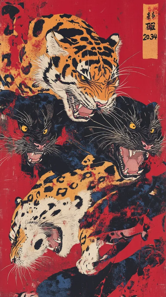 A vibrant, almost abstract, artwork depicts three fierce felines against a bold red background. The topmost animal is a tiger, with black stripes on an orange background, its mouth open in a ferocious snarl. Beneath it, a black panther with yellow eyes also bares its teeth, while a leopard with a spotted coat lies partially concealed, its sharp teeth visible. The artwork's style is reminiscent of traditional Japanese woodblock prints, with bold outlines and contrasting colors.  Japanese characters are visible in the top right corner.