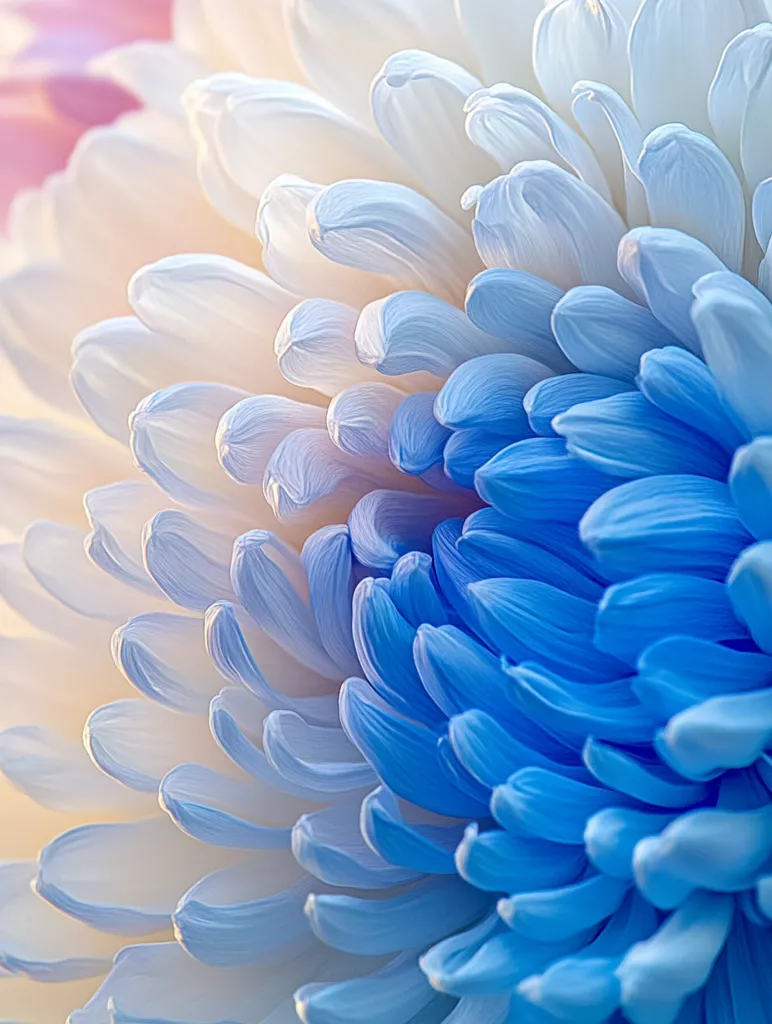 A close-up of a delicate flower, showcasing a gradient of color from white to light blue. The petals are soft and layered, creating a visually appealing texture. The image captures the intricate details of the flower, highlighting its natural beauty.