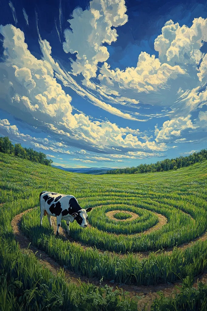 A black and white cow stands in a grassy field, looking down at the ground. The field is a vibrant green and features a spiral-shaped path carved into the grass. In the background, a rolling landscape stretches out under a bright blue sky dotted with white clouds. The image evokes a sense of peaceful countryside tranquility.