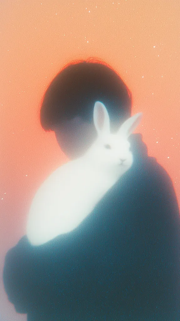 A person with short dark hair is holding a white rabbit close to their body. The background is a soft orange with white specks, giving the image a dreamy, ethereal feel. The subject's face is obscured by the rabbit, and the overall tone is serene and intimate. The image has a vintage aesthetic, enhanced by the soft focus and subtle grain.