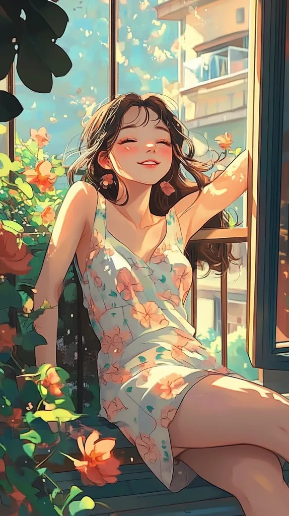 The image depicts a young woman in a floral dress, sitting by a window with a warm, sunny glow. Her long brown hair cascades down her back as she smiles serenely. Lush greenery and vibrant flowers frame her, adding to the serene and tranquil atmosphere of the scene. The overall impression is one of peace and contentment.