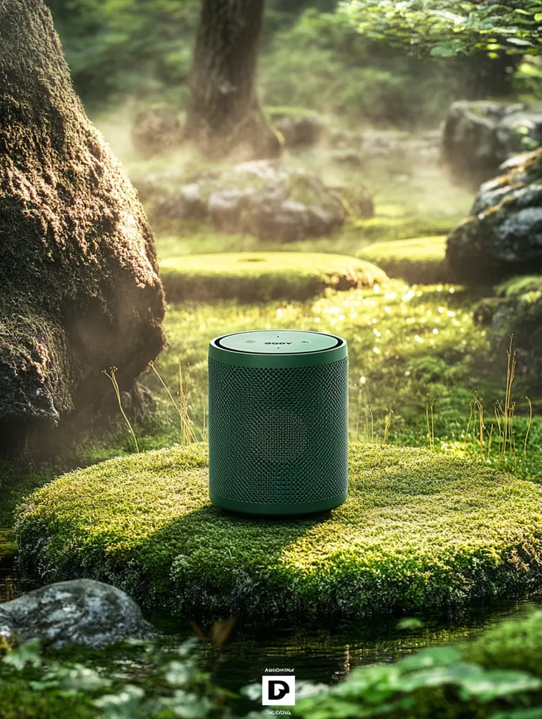 A green cylindrical speaker sits atop a patch of moss, surrounded by lush greenery and a small stream. The speaker is nestled among the natural elements, creating a serene and tranquil atmosphere. The soft light filters through the trees, casting a gentle glow on the scene.  The speaker's design blends seamlessly with the natural surroundings, suggesting a harmonious connection between technology and nature.