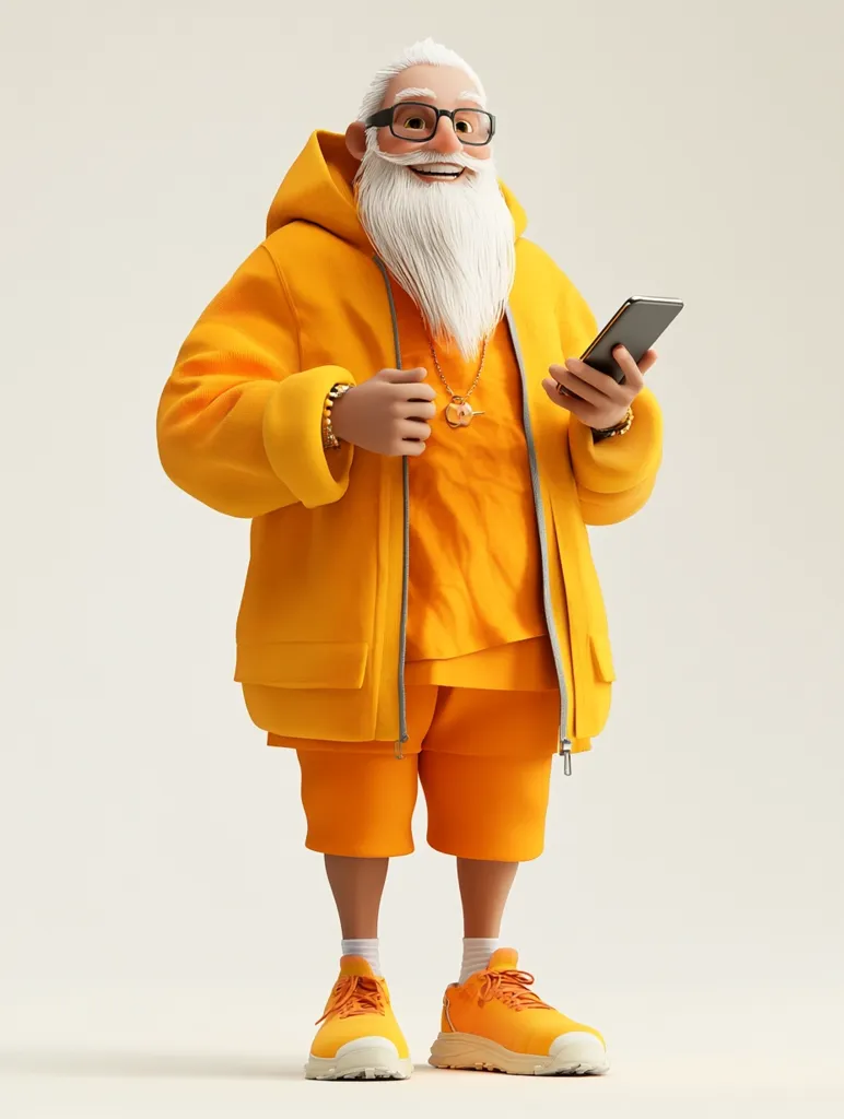 A cartoon grandpa with a white beard and glasses wears a bright yellow hoodie and shorts. He smiles while holding a black smartphone in his hand. His outfit is accessorized with a gold chain and a gold watch.
