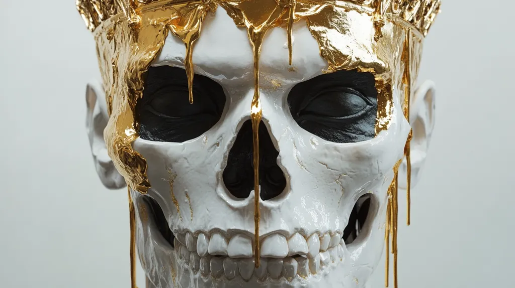 The image shows a white skull wearing a gold crown, with dripping gold paint covering parts of the skull. The skull's eyes are black, and it has a grim expression. The image is a stark reminder of mortality, and the contrasting colors of gold and white create a striking visual. The gold paint symbolizes wealth and power, while the skull represents death and decay. The image could be interpreted as a commentary on the fleeting nature of life and the inevitability of death.