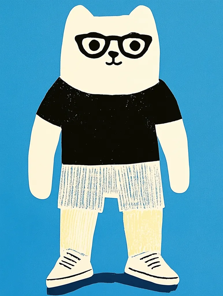 A white cat with black glasses is wearing a black t-shirt and striped shorts. It stands against a light blue background. The cat's white shoes complete the outfit.  Its expression is neutral.