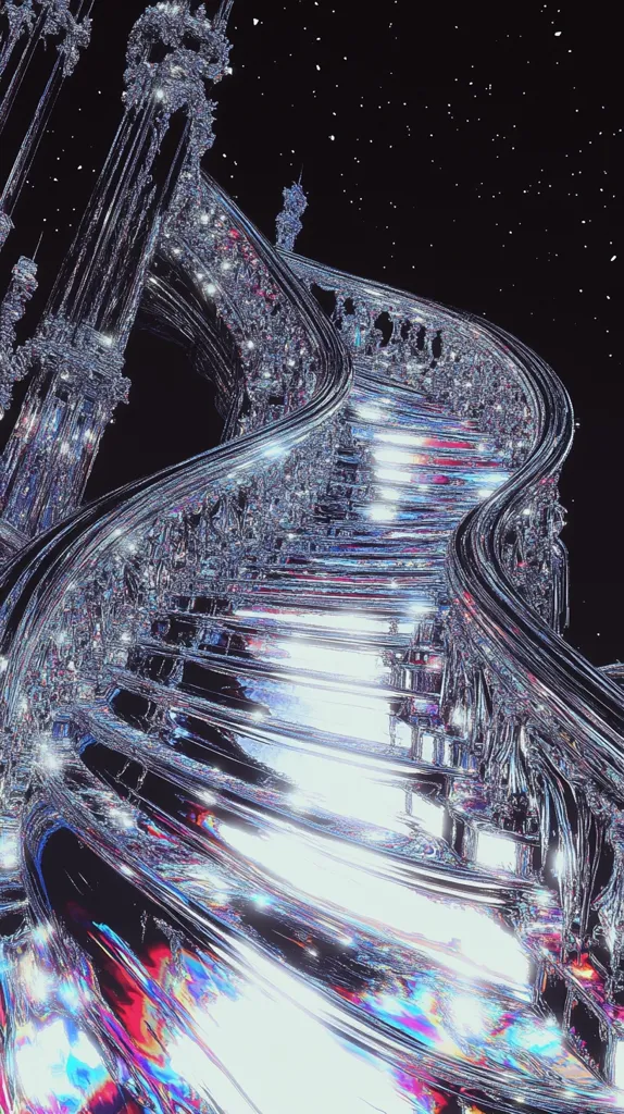 A swirling, shimmering staircase ascends into a black, starry sky. The steps are made of a reflective, iridescent material that catches the light and creates a dazzling display of colors and textures. The staircase seems to twist and turn, creating a sense of movement and mystery. The image is a surreal and otherworldly scene, filled with beauty and intrigue.