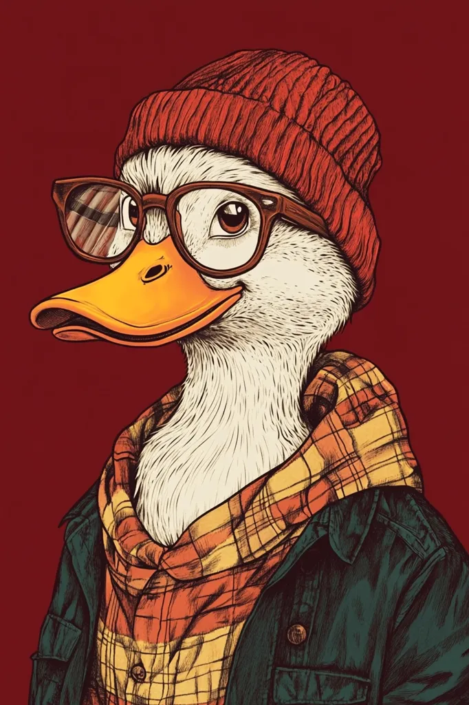 A duck with a red beanie, round glasses, and plaid shirt is drawn in a cartoon style. The duck looks to the left, with a slight smile. It is wearing a dark green jacket over the plaid shirt, with a hood pulled up over its head. The background is red.